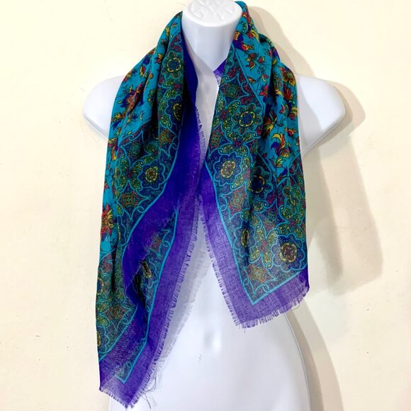 Colorful Blues Peacock Floral Motif Square Lightweight Gauze Scarf 31” x 31” - Picture 1 of 3